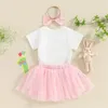 Kledingsets Meisje Baby Zomer Korte mouwen Letter Gedrukt Jumpsuit Rok Hoofdband Set Geboren Roze Driedelig