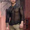 Incerun homens malha t camisa transparente sexy 2023 o-pescoço lg manga roupas masculinas streetwear sólido festa boate camisetas S-5XL f8uT #