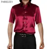 stylish Gold Silk Satin Shirt Men Chemise Homme 2019 Casual Short Sleeve Slim Fit Mens Dr Shirts Busin Camisa Masculina Q8PZ#