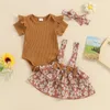 Kledingsets 3 STKS Zoete Stijl Baby Meisjes Outfits Zacht Katoen Ruche Geribbelde Rompertje Met Korte Mouwen Met Bloemenprint Jarretelrokje Hoofdband