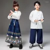 Etnik Giyim Çocuklar Geleneksel Dans Kostümleri Kızlar Beyaz Vintage Gömlek At Yüz Etek Seti Hanfu Boys Street Giyim Performans Sahnesi
