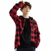 printemps et automne nouveau fi capuche double poche quotidienne décontractée plaid flanelle hommes chemise à manches lg manteau en laine code américain v6wm #