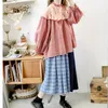 Kadın bluzları Bahar Sonbahar Kadın Japon tarzı Mori Kei Çiçek Nakış Ultra Gevşek Artı Beden Rahat Keten Ekose Gömlekler/Bluzlar