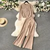 Women's Two Piece Pants Golden Single Breasted Cardigan Sweater And Wide Leg Trousers Set For Women Casual Knit Matching Outfit