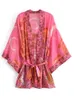Boho Vintage Star and Moon Floral Print Sashes Women Bohemian V Neck Batwing ärmar Happie Short Robe Kimono Dress Cover-ups 240315
