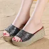 Slippers Lucifer Goud Zilver Pailletten Wiggen Voor Vrouwen 2023 Zomer Open Teen Platform Sandalen Dames Hoge Hakken H240328