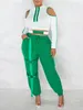 LW Gestreepte 2-delige broekpakken Dames Herfst 2-delige groene outfits Uitgesneden koude schoudertop Trekkoord Cargobroek met zakken 240315
