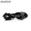 Chaussures de danse DILEECHI Latin diamant femmes Salsa noir Satin femme carré salle de bal semelle souple talon 75mm