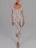 Fantoye sexig se genom spetsblommor kvinnor jumpsuit vit lg hylsa ihålig jumpsuit höst bodyc elegant fest klubbkläder 53se#