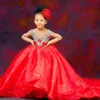 2024 Lyxiga röda kristaller Flower Girl Dresses Sheer Neck Ball Gown Little Girl Wedding Dress Commonion Pageant Gowns