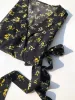 French style floral black wrap dress with black background and yellow flowers for women's summer tea break dress dress