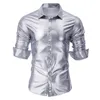 Hommes 70 Disco métallique brillant Sier chemises coupe régulière Lg manches vêtements mâle Fi Party discothèque bal Banquet Chemise P7HX #