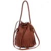 Saco 2024 estilo bohemia pu couro vegano crossbody sacos para mulheres marca oco design borla balde feminino casual bolsas de ombro