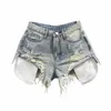 Coréen Vintage Bleu Sexy Jeans déchirés pour femmes Patchwork A-ligne taille haute Denim Ultra Shorts Y1oM #