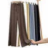 Mulheres Vertical Stripe Ice Silk Wide Leg Calças Primavera e Verão Mulheres Cintura Alta Cordão Casual Stretch Calças Retas U3Az #