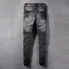 Street Fi Erkek Kot Retro Siyah Gri Streç Sıska Uygun Yırtık Kot Men Mavi Deri Yamalı Tasarımcı Hip Hop Marka Pantolon 80RB#