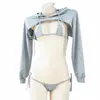 Anime cameriera costume cosplay donne sexy grigio con cappuccio manica lunga felpa coniglietta fasciatura costume da bagno lingerie bikini set vestiti 70hF #