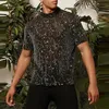 Party Fashion Mens Mesh T Shirt Spring Long Sleeve Crew Neck Pullover Vintage Shinny Embroidery Mesh Topps Sexy Mens Slim T-Shirt 240321