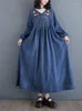 Casual Dresses Denim Oversized Spring Long Dress Women Flower Embroidery Fashion Ethnic Style Ladies Loose Ruffle Pleated Woman