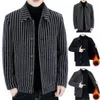 Hommes Veste Col Rabattu Lg Manches Rayé Simple Boutonnage Épais Chaud Cardigan Lâche Plus Taille Mi Longueur Casual Busin S v47L #