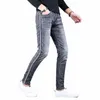 Męskie szare czarne paski z boku dżinsy FI stretch dżins Slim Fit Penty Pants Korean Style Spoders T3WE#