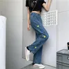 Jeans pour femmes pour femmes brodé taille haute S pantalon jambe droite avec coeurs denim pantalon femme bleu brillant gyaru élégant baggy a