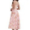Casual klänningar kvinnor a-line lång klänning blommig tryck fast färg spets trim ärmlös cami sommarstrandfest