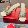 Slippers Rhinestone Hollow Outs Woman High Heels Party Shoes Square Peep Toe Slides Stiletto Summer Newest Summer With Box sz 36-45