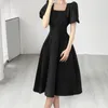 Casual Dresses Women Long Dress Puff Sleeves A Line High midja Slim midja fyrkantig hals Kvamläder Ruffle Elegant Summer Ladies Midi Dati