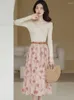 Work Dresses French Vintage 2 Piece Set For Women OL Outfits Lady Casual Bow V-Neck Knitted Top Rose Print Retro Skirt Sets Elegant Fall