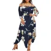 Damesjurken Plus-size midi-jurk Off-shoulder Sling 34-mouwen Chiffon Bloemenprint Voorkant Veters Onregelmatige zoom 240319