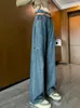 Dżinsy damskie Aoaiiys Blue rozerwane dla kobiet dżinsowe spodnie y2k z pasem mody wysokiej talii streetwear na pełną długość szerokiej nogi