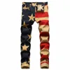 Men American Flag Drukuj dżinsy Fi Stripe gwiazdy cyfrowe nadrukowane spodnie dżinsowe spodnie Slim Elaste Pencil Spodni 29pw#