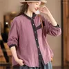 Damesblouses Johnature Dames Vintage katoenen shirts en tops Knoop met lange mouwen Lente 2024 Patchwork Kleur Losse Chinese stijl