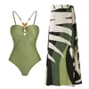 Costumi da bagno da donna Sexy cinturino scava fuori costume intero verde slim con lacci bikini con perline moda francese 2024 costumi da bagno da spiaggia