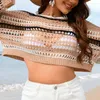 Kvinnors blusar sexiga damer runda krage bikini strand täcker färgad randig ihålig lös pullover vår sommarkläder för 2024