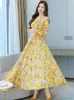 giallo floreale Dres per le donne coreano partito casual spiaggia Chiff formale maxi elegante primavera estate Lg manica da sera Dr m7Ax #