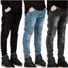 Europeu Masculino Biker Jeans Stretchy Plissado Skinny Fit Motocycle Men Calças U0Kb #