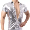 Mannen Glanzend Shirt Wetlook Lakleer Korte Mouwen Turn-Down Kraag Sexy T-shirts Butt T-shirts Tops Clubwear Casual Kleding W9xr #