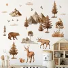 Stickers 4 Sheet Giant Brown Mountain Forest Tree Wall Decal Deer Bear Stickers Jungle Wild Animal Pine for Kids Room Playroom Decor