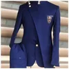 Uniek Ontwerp Mannen Pakken Zwart Blauw Marineblauw Stand Kraag voor Busin Bruiloft Bruidegom Slim Fit Tuxedo 2 Stuks Blazer jas + Broek B0V6 #