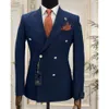 Costume deux pièces pour hommes, blazer avec pantalon, haut de gamme, bleu marine, costume à double boutonnage, ensemble de mariage, E51o #