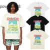 2023SS Fashion Rhude Castle Coconut Tree Window Sill Scenery Double Yarn Pure Cotton Casual Loose Short Hleeved T-shirt för män och kvinnor