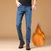 Winter Thermal Warm Flanell Stretch Jeans Mens Mens Winter Quality Famous Brand Fleece Pants Straight Flocking Trousers Denim Jean 13Z1#