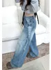 Women's Jeans American Retro Autumn 2024 High Waist Baggy Washed Blue Wide Leg Pants Ins Korea Fashion Y2K Punk 2000s Aesthetic