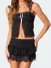 Home Clothing Women 2 Piece Skirt Set Outfits Front Open Cami Tops Low Waist Layered Lace Party Club Night Clubwear