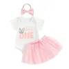 Kläduppsättningar tjej baby sommar kortärmad brev tryckt jumpsuit kjol pannband set född rosa tre stycke