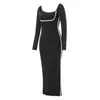Casual jurken Puloru Vintage zwarte contrasterende kleur wikkel lange jurk lente herfst kantoor dame mouw vierkante hals rug split bodycon