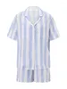 Roupas domésticas cronstyle feminino impressão listrada casual 2 peças pijama define botões de manga curta para camisetas tops shorts calças sono sono