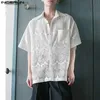 メンズTシャツメンズシャツレースメッシュ透明なゆるいホローラペル半袖男性衣料品ストリートウェア2023セクシーなファッションカミザ724328